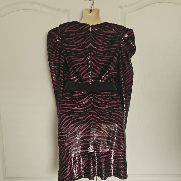 Michael Kors Sequins Pink and Black V-Neck Puff Sleeve Dress - Picture 5 of 16